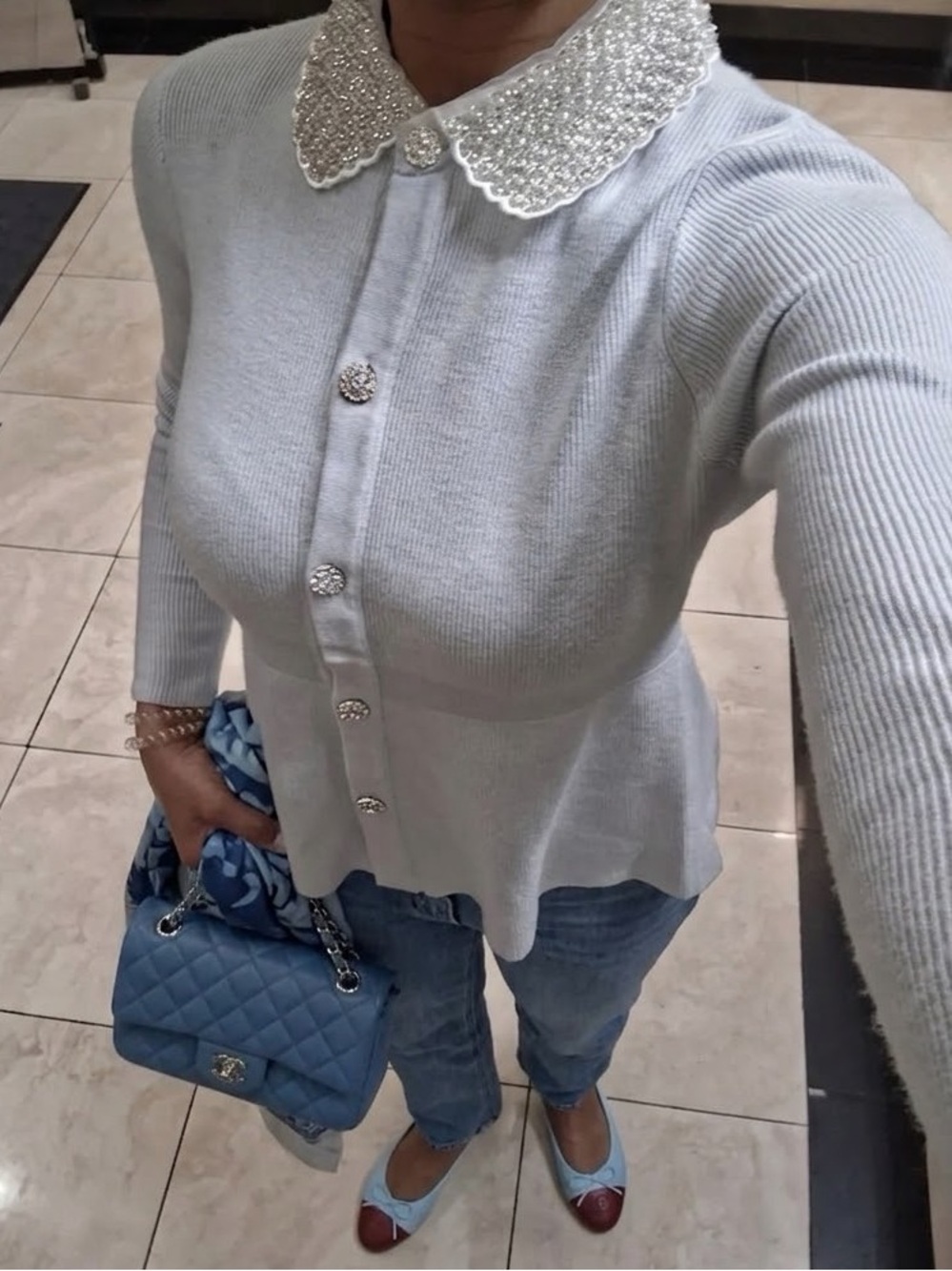 Mila Milano Baby Blue Ribbed Knit Cardigan with Embellished Lace Collar Size  M